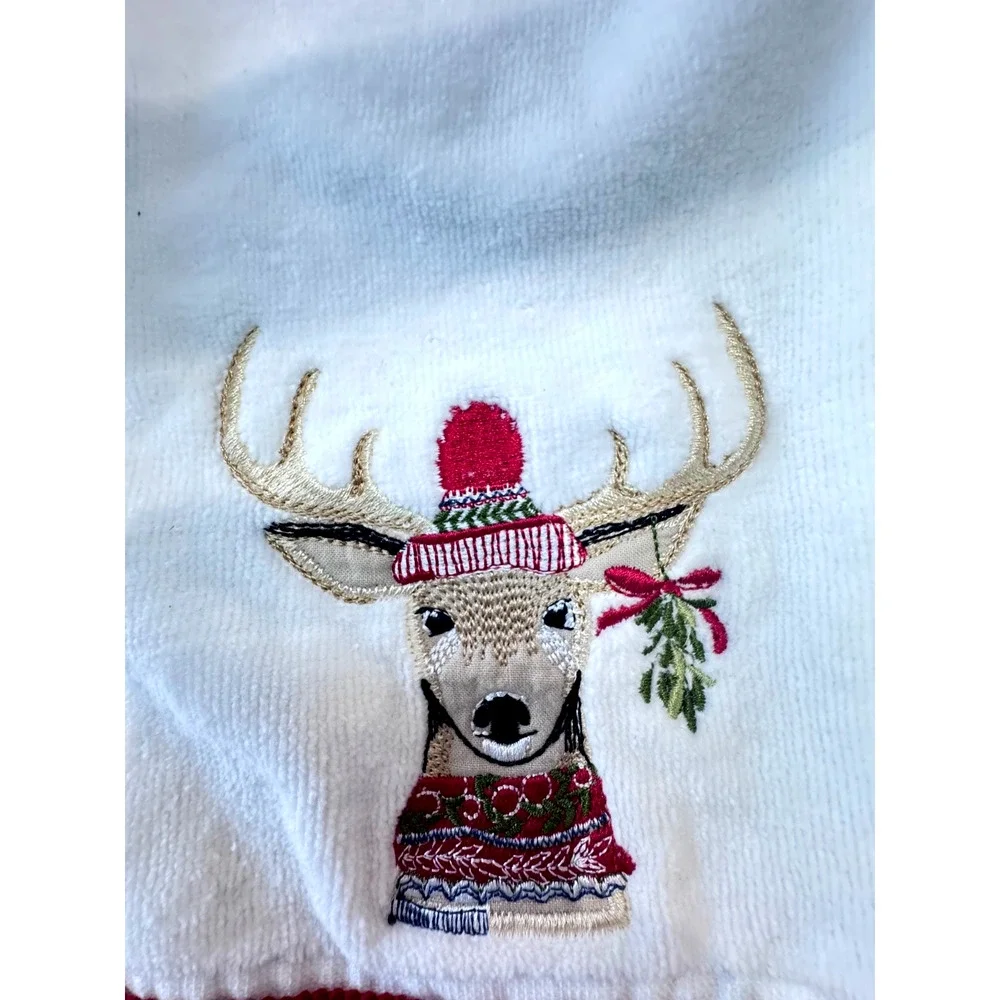 Jingles & Joy Reindeer NEW Hand Towels Set (2) Embroidered w/ Red Trim Pom Poms